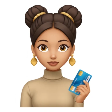 a pretty bratz fair indian girl wearing a beige turtleneck, golden earrings, bun, holding bank cards sticker