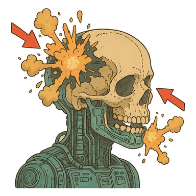 a skull exploding, diagram, front and back impact points, cyberpunk futuristic sticker