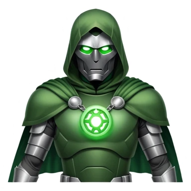 Doctor Doom in full body stance with intense glowing green eyes shining through mask sticker