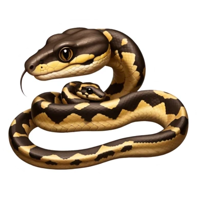 A photo-realistic digital illustration of a Ball Python, large headshot portrait. The snake has a short, rounded snout, smooth contours, and a calm, curious expression. Its head is warm brown with bold, irregular dark markings, including the signature “alien-head” pattern.  sticker