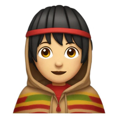 full view of a light brown bedbug with a red headband, shoulder-length black hair down to the ears. It is dressed in a red poncho (with red, yellow and green vertical lines) sticker