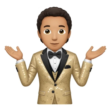 Smokey Robinson with dark brown hair, beige sequin suit with bow tie sticker