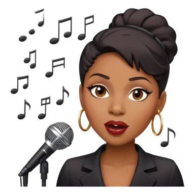 Black female jazz singer with a microphone, expressive face, musical notes sticker