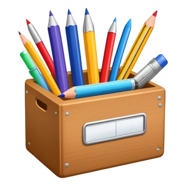 small box of teaching supplies with a pencil, ruler, and markers sticking out sticker