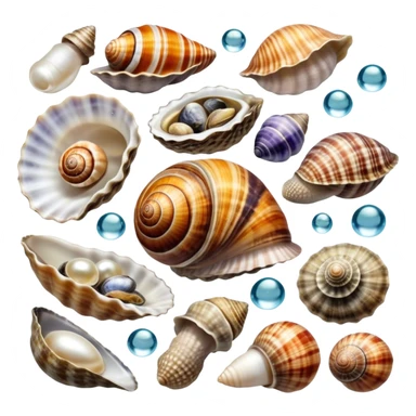 A colorful collage of sea snails, clams, and oysters, with intricate shells, pearls, and water droplets. Some shells are open, revealing the soft interior, while others remain closed. Beautiful oceanic background with soft lighting, coral, and aquatic plants. Transparent background. sticker
