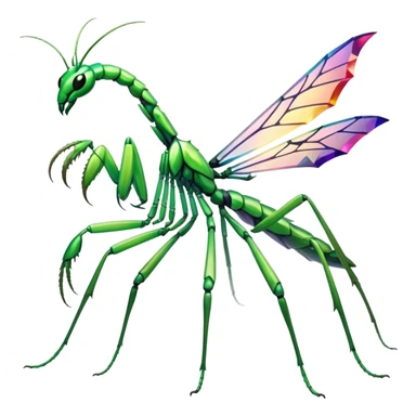 A mantis with limbs and body segments made of colorful crystal formations that refract light into dazzling displays. Its scythe arms are razor-sharp crystal edges. sticker