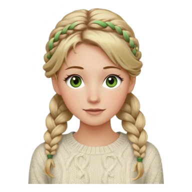 dirty blonde hazel/green eyes woman with a white cable knit sweater and one braid down her back  with tendrils of hair flowing down her face and she is happy pale, some freckles, blush. she has a cateye wing and long lashes sticker