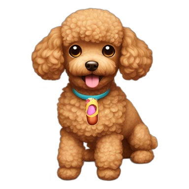 Light brown toy poodle with a hot dog toy sticker