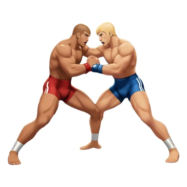 An icon depicting two wrestlers in a grappling stance on the mat, engaged in a fierce combat. One fighter attempts a takedown, while the other resists. The background shows a wrestling arena with bright lights and spectators around the edge of the ring. Transparent background  sticker
