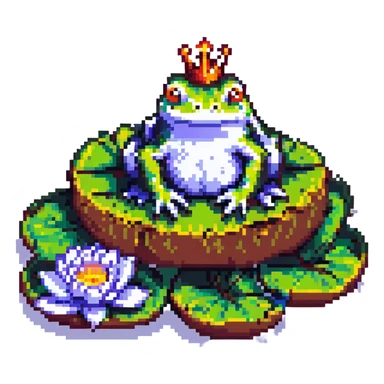 pixel art crowned frog, sitting on a lily pad sticker