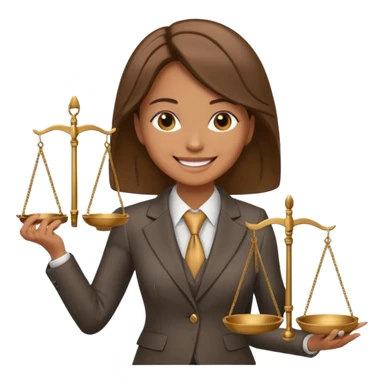 lawyer woman, standing with scales of justice, business suit, smiling sticker
