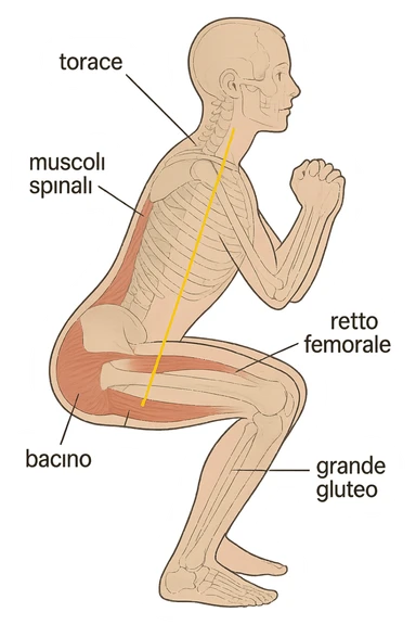 side view of a human figure performing a squat, with transparent overlays showing the skeletal structure. A straight line or highlighted axis connects the pelvis (bacino) and the ribcage (torace), demonstrating correct alignment. Key muscles involved in maintaining posture are labeled. Clean, educational style, white background. sticker