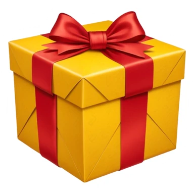 box with yellow wrapping paper and a length of red ribbon surrounding it sticker