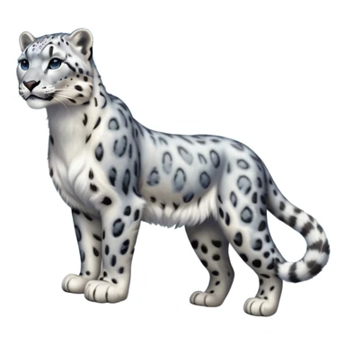 Cinematic-Snow-Leopard-Realistic-Full-Body-Standing-Emoji – Tail curled gracefully, head tilted dramatically, dense spotted fur shimmering in the cold mountain air, powerful yet elegant frame, simplified yet realistic focused features, highly detailed, glowing with an almost sarcastic glow. sticker