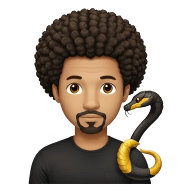 Homme noir, yeux marron avec un bouc sans la moustache, cheveux court et bouclé crépus avec un dégradé sur le côté, avec un cobra à côté , t-shirt noir  sticker