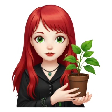 a gothic girl with long red hair and bangs holding a lucky pin and plant sticker