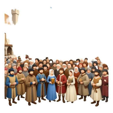 Large crowd of medieval people gathered in town square, mixture of wealthy merchants in fine clothes and commoners in simple attire sticker