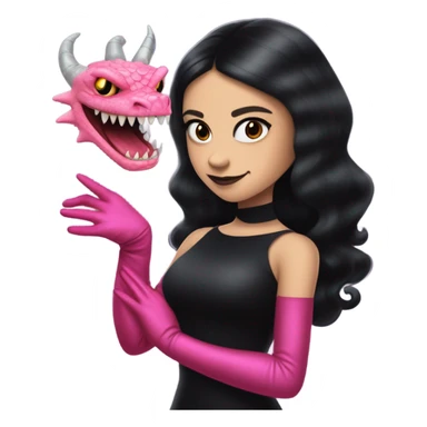 black evening gown with see-through gloves, Jenna Ortega as Addams woman prom queen wearing a mini tiara, very large blood  pink evil-looking horned old dragon companion sticker