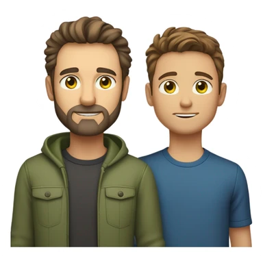 Handsome Father 40s green eyes with short full beard with Son 13s light brown eyes tousled bedhead look both has brunette hair light skin arms on shoulder portrait sticker