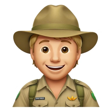 Cinematic Realistic Steve Irwin Portrait Emoji, depicted as a passionate wildlife expert in his signature khaki attire with an enthusiastic smile and a backdrop of the Australian outback, rendered with vibrant textures and dynamic natural lighting that captures his adventurous spirit. sticker