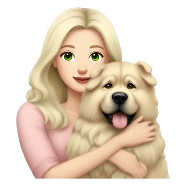 pretty woman with pale skin, very long black hair and green eyes and light pink outfit hugging a beige fluffy chow chow dog sticker