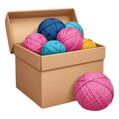 paper box with toys, ball of yarn, pink sticker