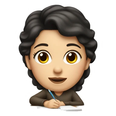 white mom with short dark hair writing  a notebook on a wooden desk sticker