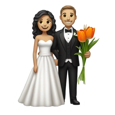 Wedding-themed emoji of a joyful couple. The man, in a black tuxedo, holds orange tulips, and the woman, in a white dress, holds a small flower. They stand close, smiling, with her arm on his shoulder, against a simple background sticker