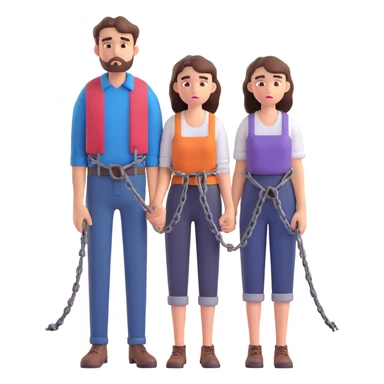 sad innocent couple man and woman in simple rural clothes with chains on their hands standing in front of a small village angry villagers shouting and pointing fingers in the background couple looks helpless and tired bright emoji-like colors cartoonish expressive style sticker