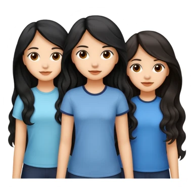create a trio emoji girl with the first girl with a long black wavy hair with a light skin and the second girl with an mid length wavy hair with a little bit of brown color with light morena skin and the last with long black straight hair with light morena skin sticker