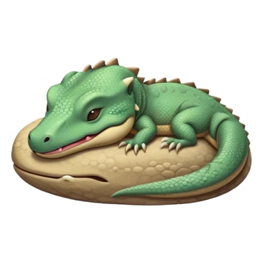 Meme-Worthy cute Sleeping Komodo Dragon Lizard Portrait Emoji, Head resting peacefully with a contented smile, showcasing a rugged, textured form and eyes gently closed in serene slumber, Simplified yet comically adorable features, highly detailed, glowing with a soft, drowsy glow, high shine, relaxed and utterly lovable, stylized with an air of playful laziness, bright and heartwarming, soft glowing outline, capturing the essence of a sleeping ancient guardian that feels destined to become the next viral icon of adorable rest! sticker