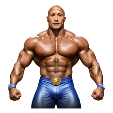 Dwayne 'The Rock' Johnson on stage at the Mr. Universe bodybuilding competition, covered in oil, flexing his powerful muscles. His physique shines under bright stage lights, showcasing his strength and dedication. The audience and judges are blurred in the background. Transparent background. sticker