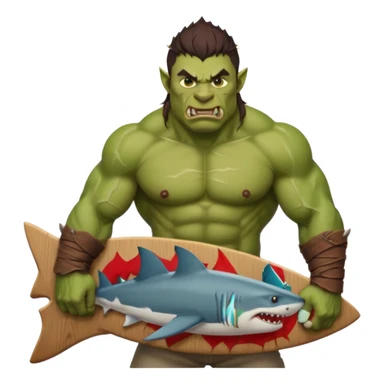 orc male holds a board with a shark painted vertically in his hands sticker