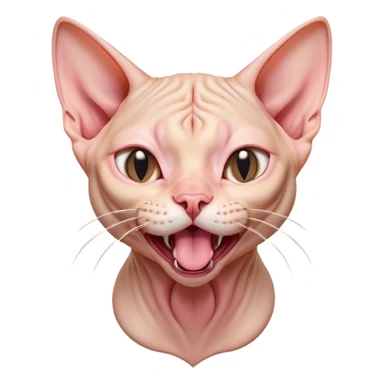 Cinematic Cute Yawning Sphynx Cat Portrait Emoji, Head tilted slightly with a dramatic, wide-open yawn, delicate, hairless skin in soft peach and pink tones, long, elegant limbs stretching lazily, piercing almond-shaped eyes that are barely open, Simplified yet irresistibly adorable features, highly detailed, glowing with a soft, cozy glow, high shine, relaxed yet expressive, stylized with a touch of whimsy, bright and endearing, soft glowing outline, capturing the essence of a sleepy yet affectionate kitty, so drowsy it feels like it could stretch right out of the screen and curl up for a nap! sticker