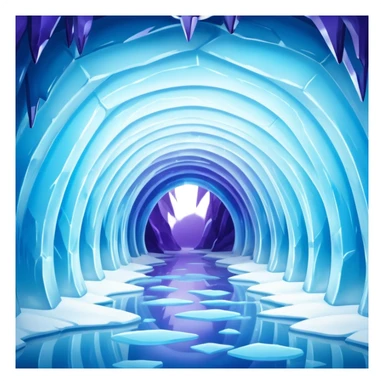 A breathtaking ice cave glowing with blue light, featuring smooth, curved walls made entirely of translucent ice. The interior reflects shimmering shades of blue and purple, with natural light filtering through the frozen surface. Realistic detail, cinematic lighting. sticker