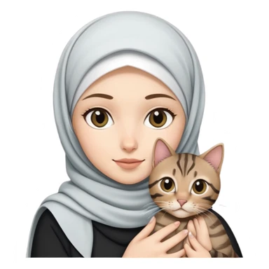 White girl wearing hijab holding a black tabby cat sticker
