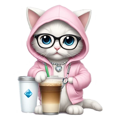 White rag doll kitten wearing a fancy light pink hoodie and a diamond filled stethoscope necklace and wearing clear glasses and holding iced coffee  sticker
