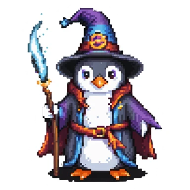A penguin wearing a wizard hat and robe, casting a spell sticker