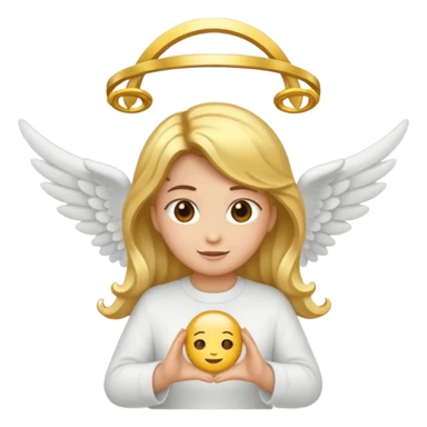 "Um emoji de anjo com cabelos loiros, um halo, asas, segurando um sinal de 'compartilhar' em letras em negrito." sticker