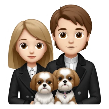 A couple boy with nice brown hair  and beautiful girl with long dark blond hair and with two shih tzu dogs with  black and white coat sticker