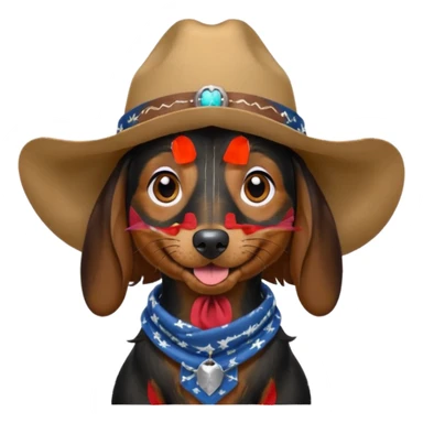 mostly black with some brown long hair daschund with a cowboy hat, ears curl out a bit and bandana and tongue slightly out sticker