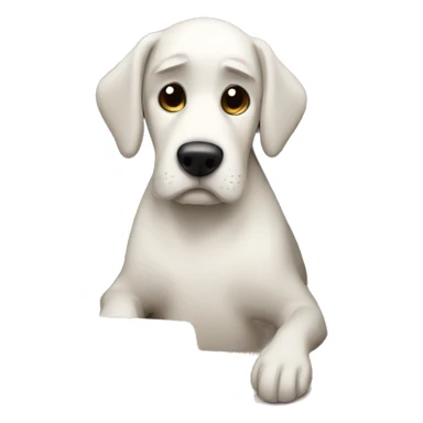 Sad dog in a dog house looking at a laptop sticker