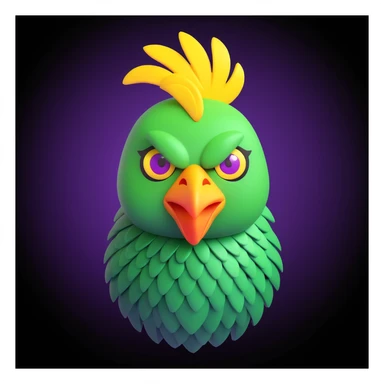 3D cartoon emoji of a chicken-alien hybrid with a geometric green head, off-center chicken comb, three luminous yellow eyes, metallic beak, jagged purple scales for feathers, toxic green background, sharp lines, strong contrast sticker