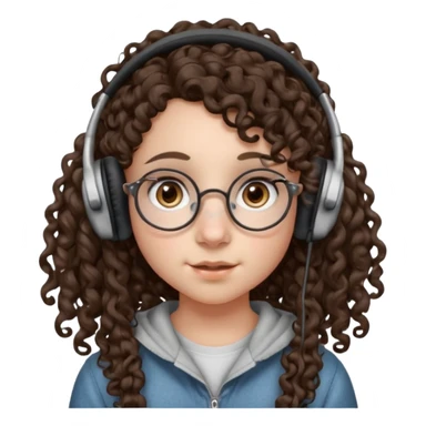 brunette kid with unique face features and very curly long hair kid girl neutral and very big nose and ears and dark eyes with freckles kind of nerd looking and headphone wearing no glassess just nose piercing very big one and evebrow piercing sticker