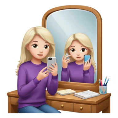 Girl sitting at vanity taking out picture with iphone 15 plus in the mirror and study materials on the vanity sticker