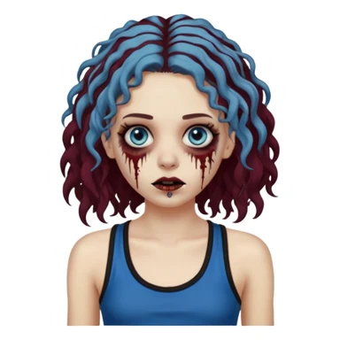 Crie um emoji de uma garota zumbi, como esta: "🧟‍♀️'. Porém invés da camiseta, uma regata fina e de cor preta, os cabelos loiros escuros na altura do ombro e picotado, liso na raiz e cacheado nas pontas, com mechas azuis nas mechas da frente e a parte de trás pintada de vermelho vinho sticker