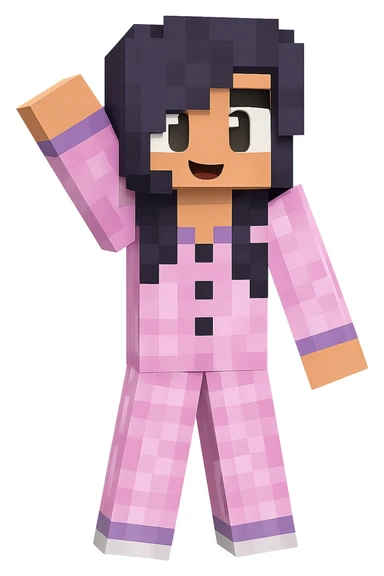 Extract only the middle character with purple hair and pink pajamas, keep the original Minecraft cartoon style and appearance, place on a transparent background. sticker