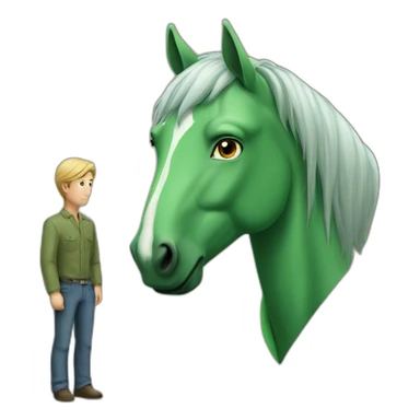 a green horse looking into a normal guy sticker