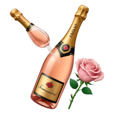 bottle of sparkling rosé champagne with a rose logo on the label, with the cork popping out from the top, tilted up and to the left, no glass sticker