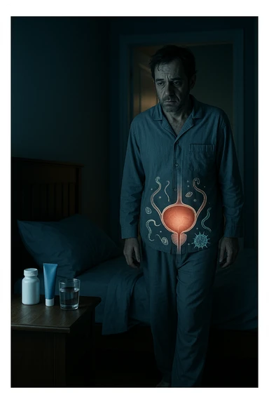 A cinematic night scene showing a man in his late 30s walking stanco verso il bagno in penombra, con la luce fioca che filtra da sotto la porta. Indossa abiti da notte sgualciti, ha un’espressione stanca e il volto scavato dalla mancanza di sonno. Sul comodino accanto al letto ci sono creme mediche, integratori e un bicchiere d’acqua. Una leggera sovrapposizione simbolica mostra, in trasparenza sul corpo, un’area anatomica maschile con presenza di microrganismi parassitari (raffigurati in stile medico-scientifico, non grottesco). Il contrasto visivo fa capire che la causa della nicturia è interna e nascosta, non visibile all’occhio umano. Illuminazione fredda, stile 35mm con profondità emotiva e sottile tensione clinica. sticker